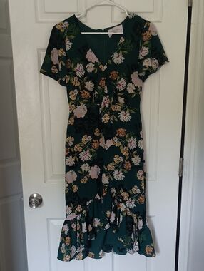 Charles Henry Green Floral Tie-Front Midi Dress